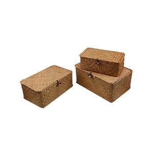 Homlly Handmade Woven Straw Storage boxes w lids (3 pcs sets)