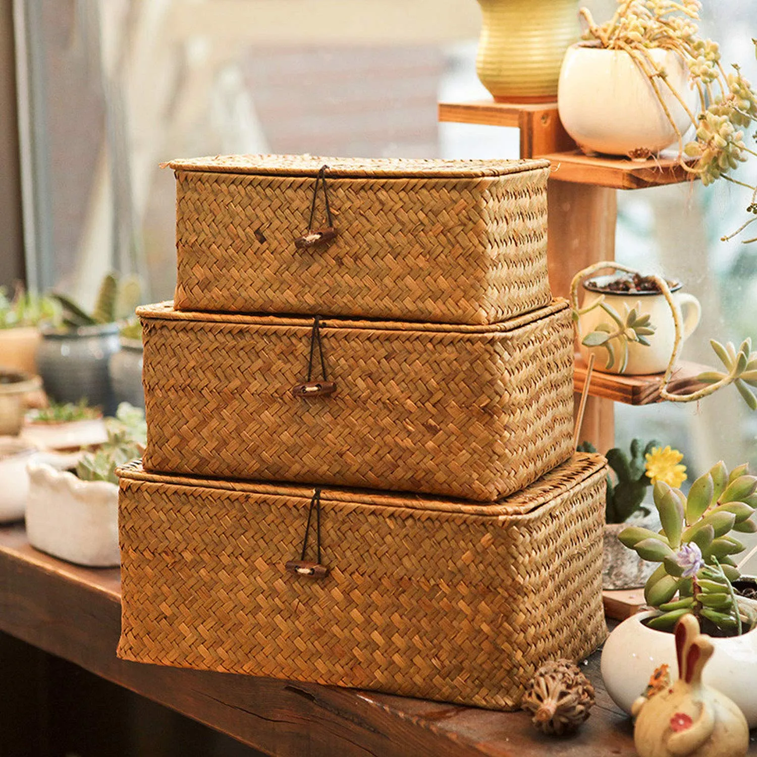 Homlly Handmade Woven Straw Storage boxes w lids (3 pcs sets)
