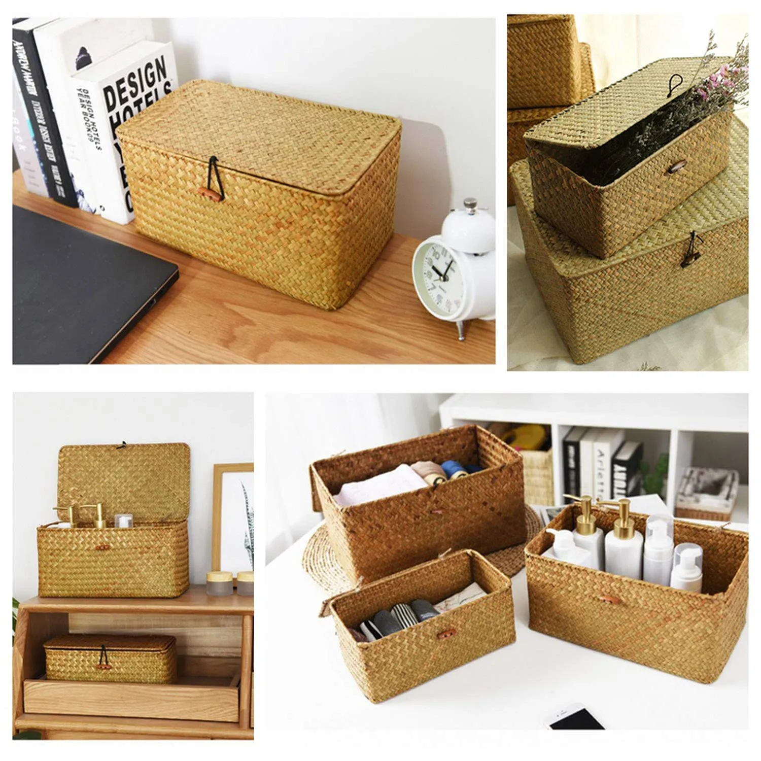 Homlly Handmade Woven Straw Storage boxes w lids (3 pcs sets)