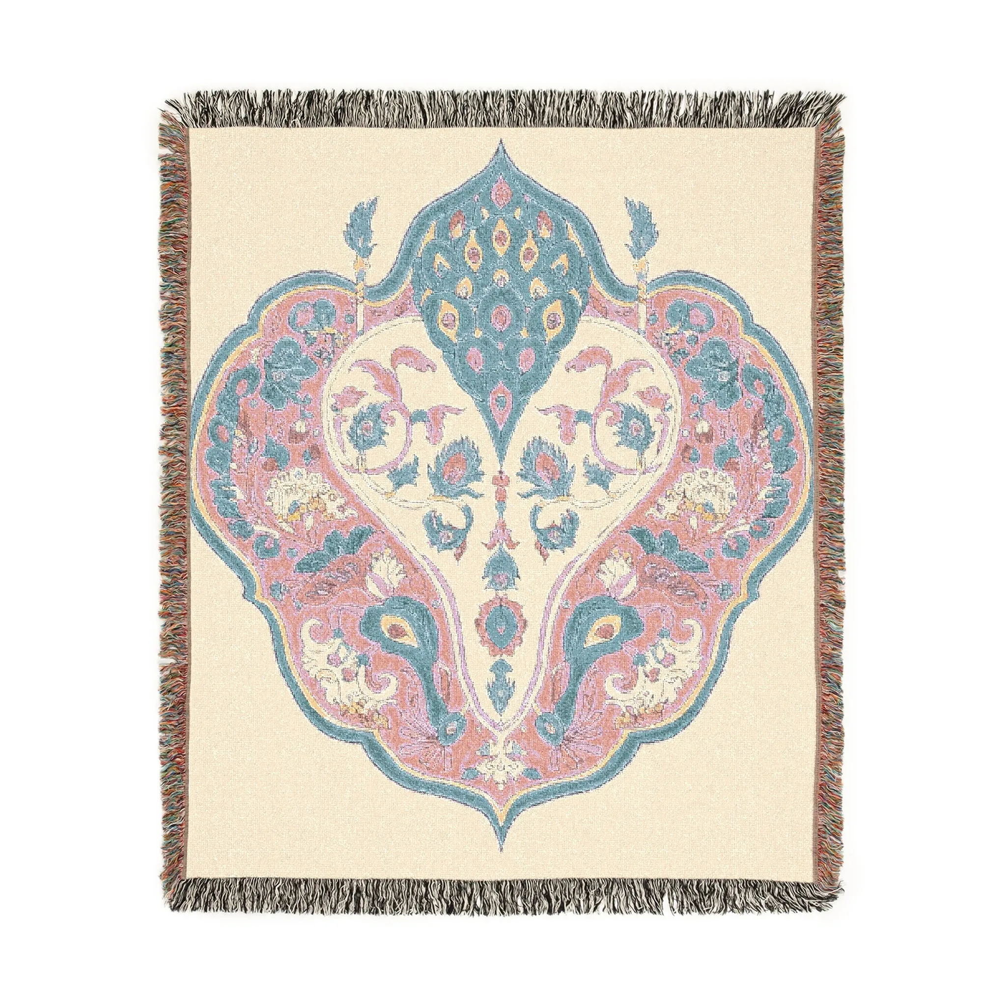 Intricate Floral and Bird Motif Woven Blanket