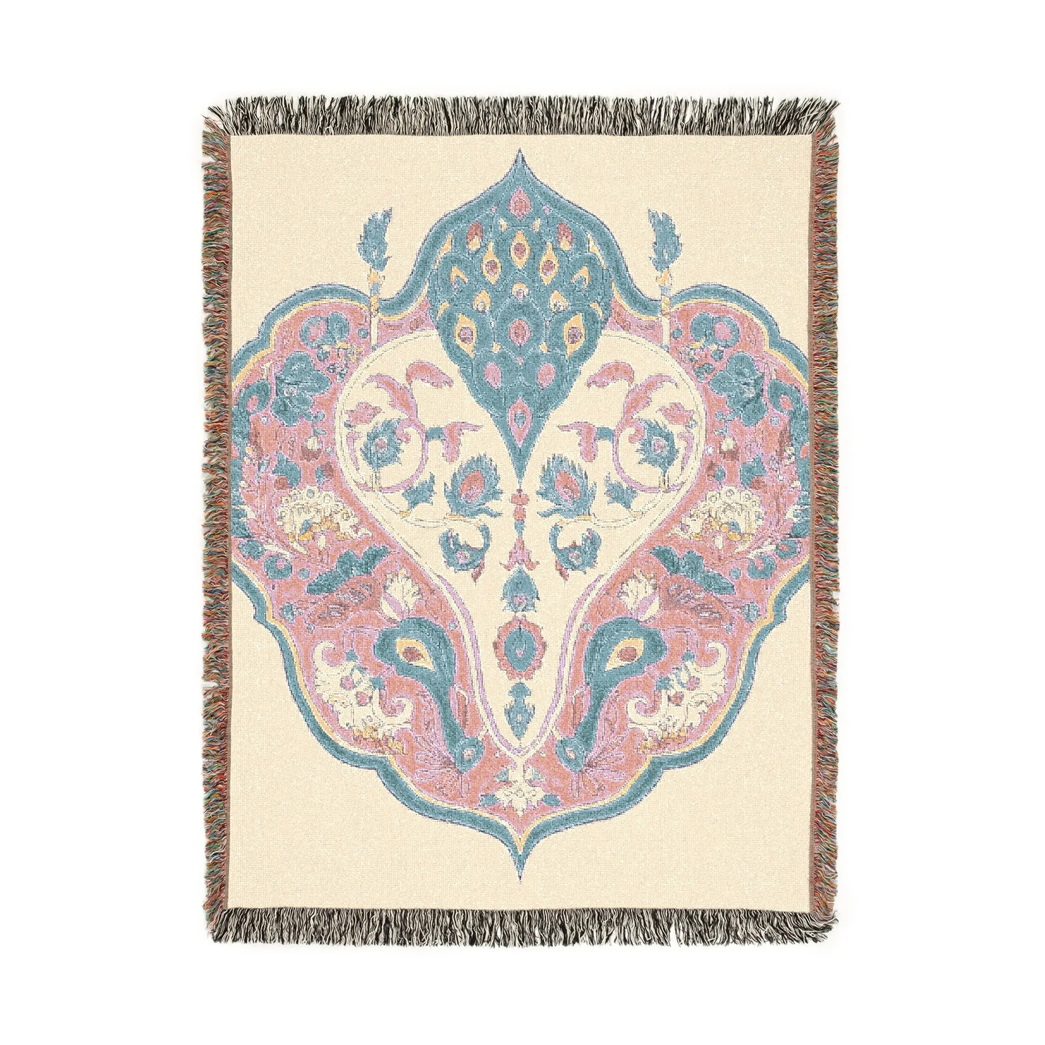 Intricate Floral and Bird Motif Woven Blanket