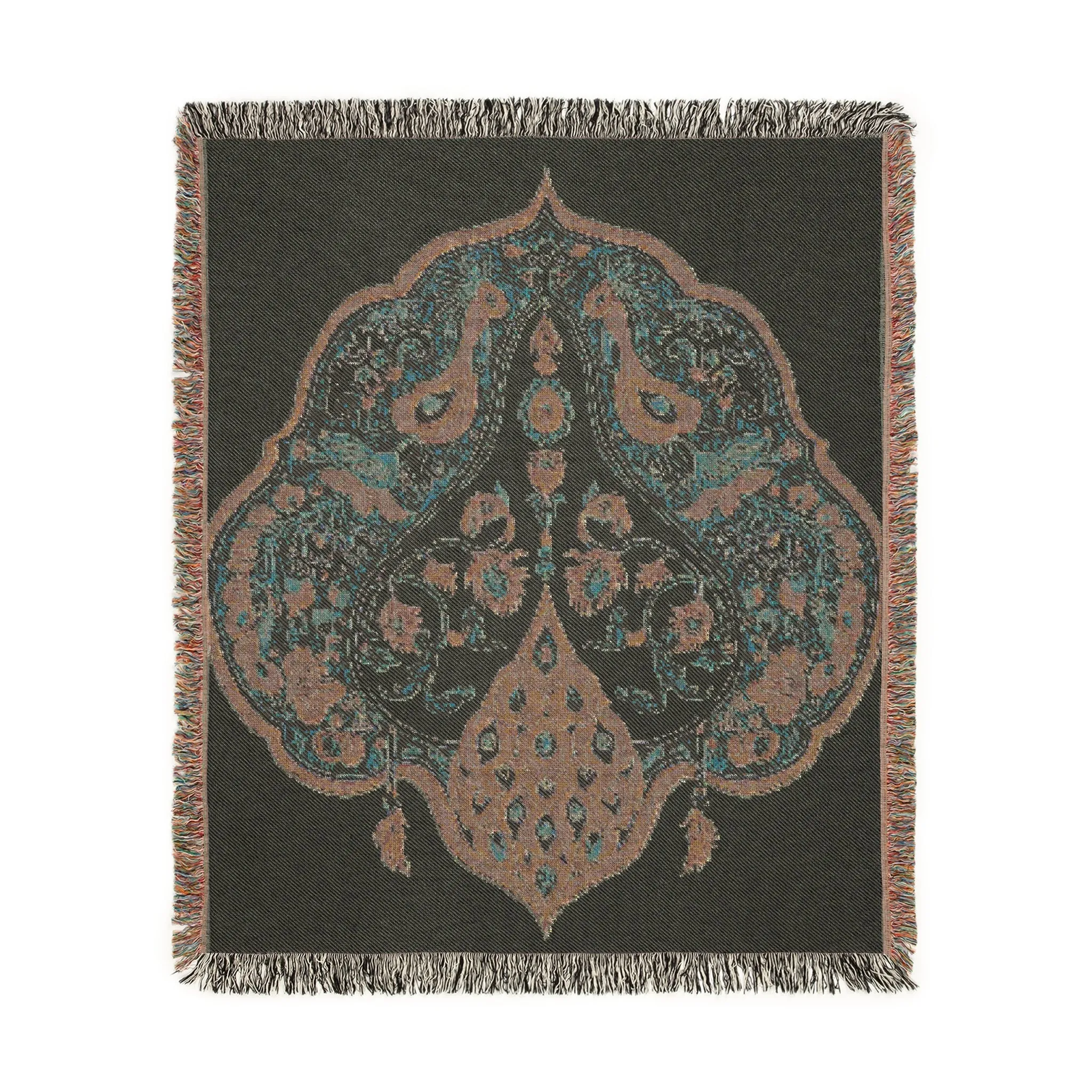 Intricate Floral and Bird Motif Woven Blanket