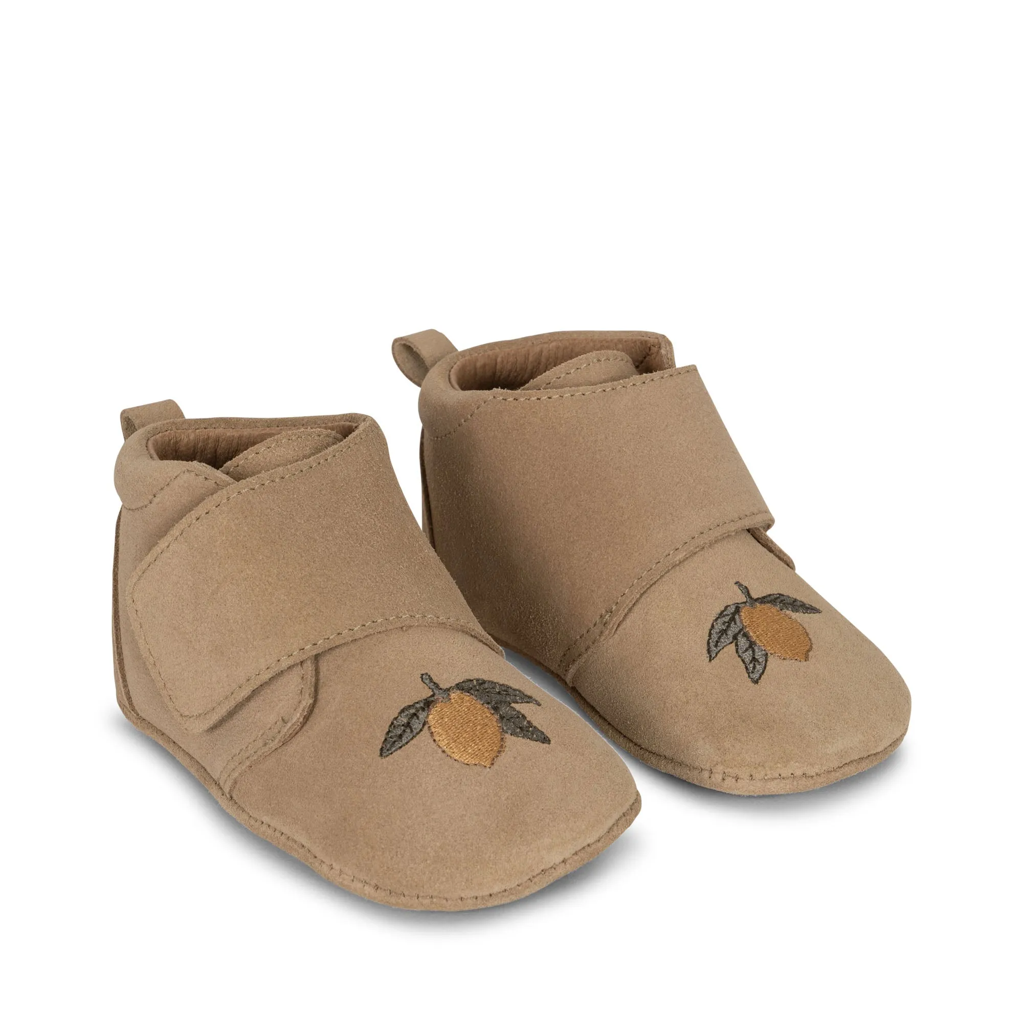 Lemon Embroidered Suede Baby Booties (Sand)
