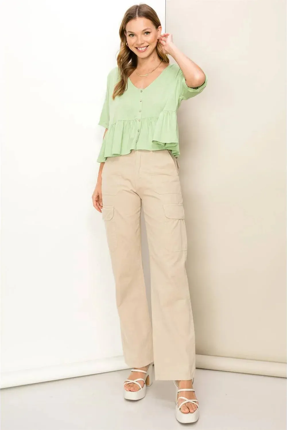 Linen Jade Lime Boho Tiered Hem Front Button 1/2 Sleeve Top