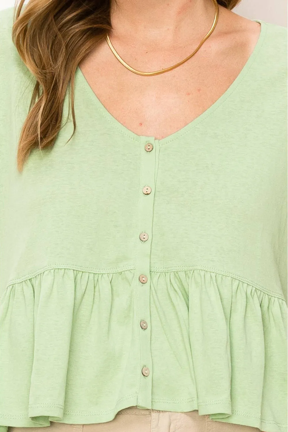Linen Jade Lime Boho Tiered Hem Front Button 1/2 Sleeve Top
