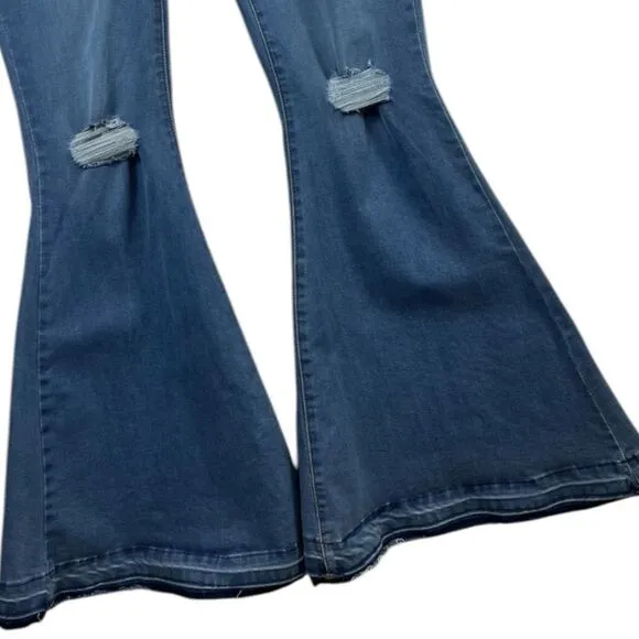 Lucky &amp; Blessed Distressed Button Fly High Waist Mid Wash Flare Jeans NWT