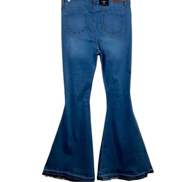 Lucky &amp; Blessed Distressed Button Fly High Waist Mid Wash Flare Jeans NWT