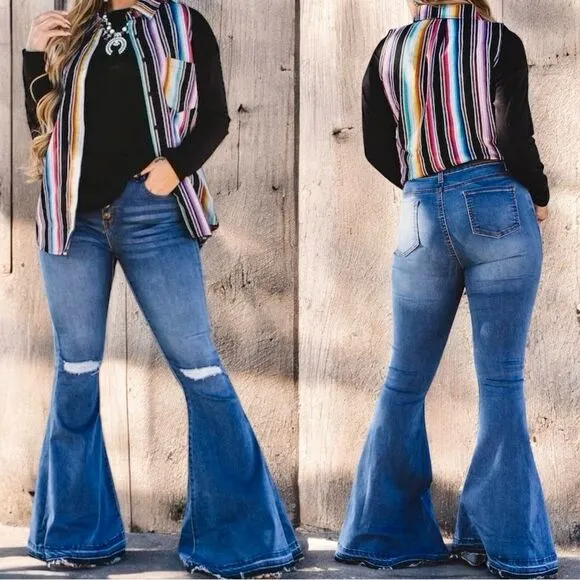 Lucky &amp; Blessed Distressed Button Fly High Waist Mid Wash Flare Jeans NWT