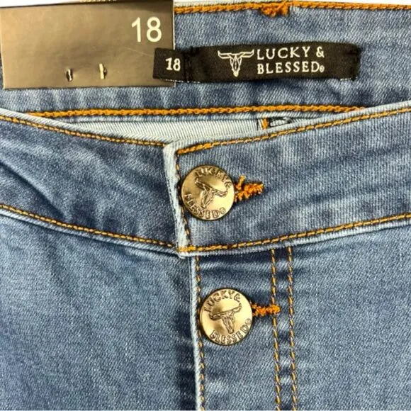 Lucky &amp; Blessed Distressed Button Fly High Waist Mid Wash Flare Jeans NWT