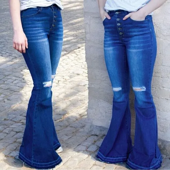 Lucky &amp; Blessed Distressed Button Fly High Waist Mid Wash Flare Jeans NWT