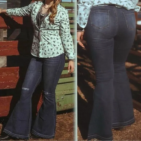 Lucky &amp; Blessed Distressed Button Fly High Waist Mid Wash Flare Jeans NWT