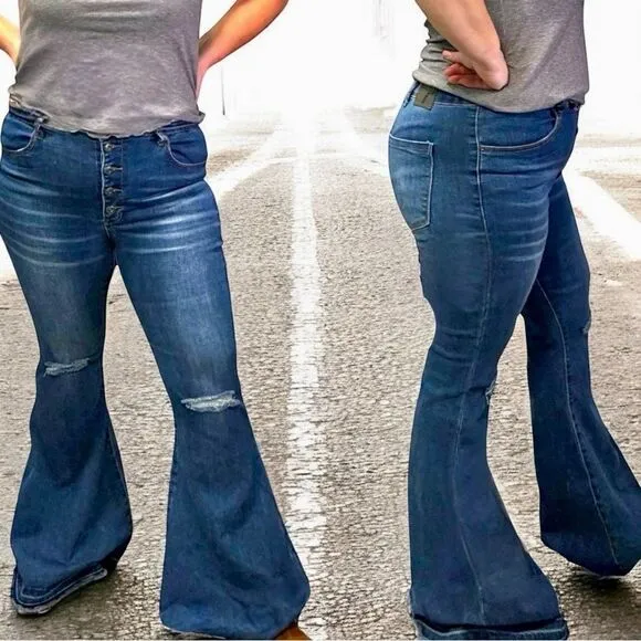 Lucky &amp; Blessed Distressed Button Fly High Waist Mid Wash Flare Jeans NWT