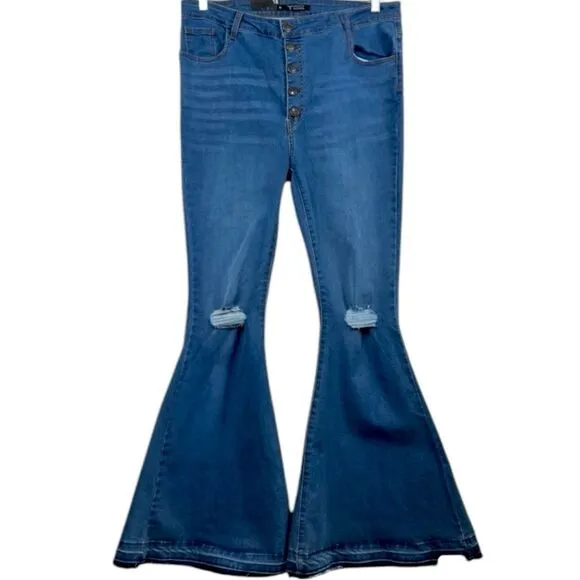 Lucky &amp; Blessed Distressed Button Fly High Waist Mid Wash Flare Jeans NWT