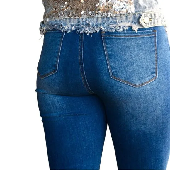 Lucky &amp; Blessed Distressed Button Fly High Waist Mid Wash Flare Jeans NWT