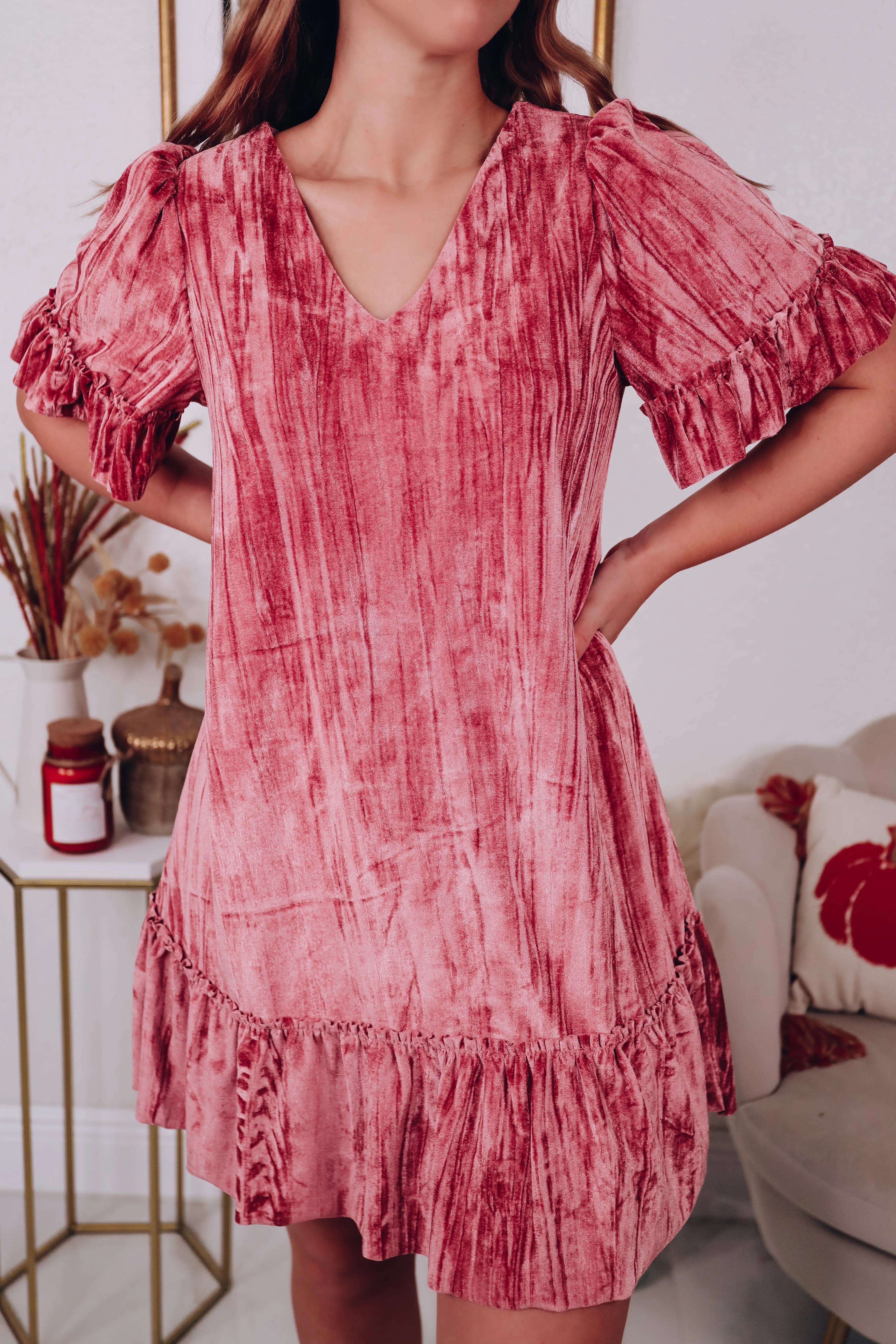 Madelyn Velvet Ruffle Dress - Mauve