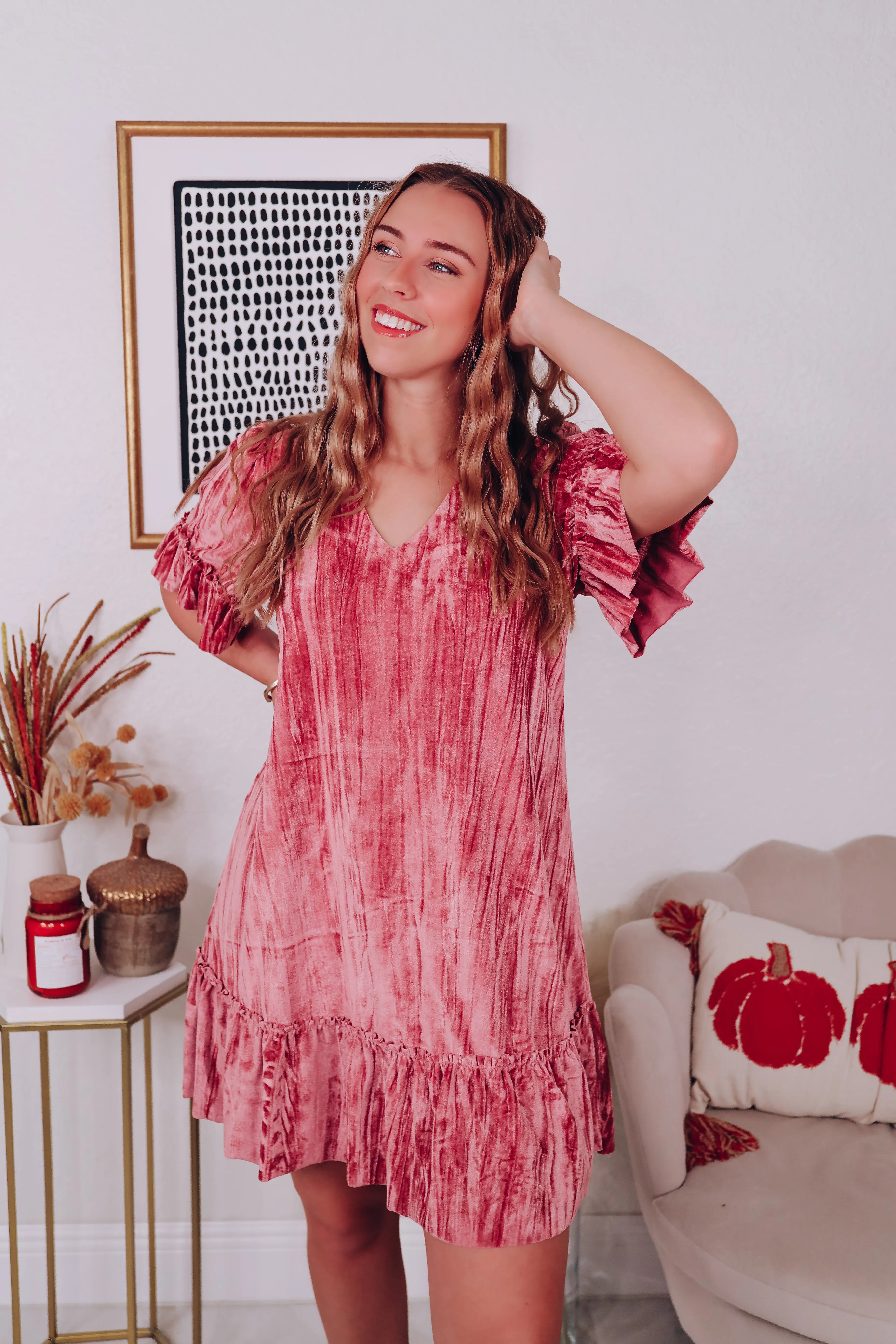 Madelyn Velvet Ruffle Dress - Mauve
