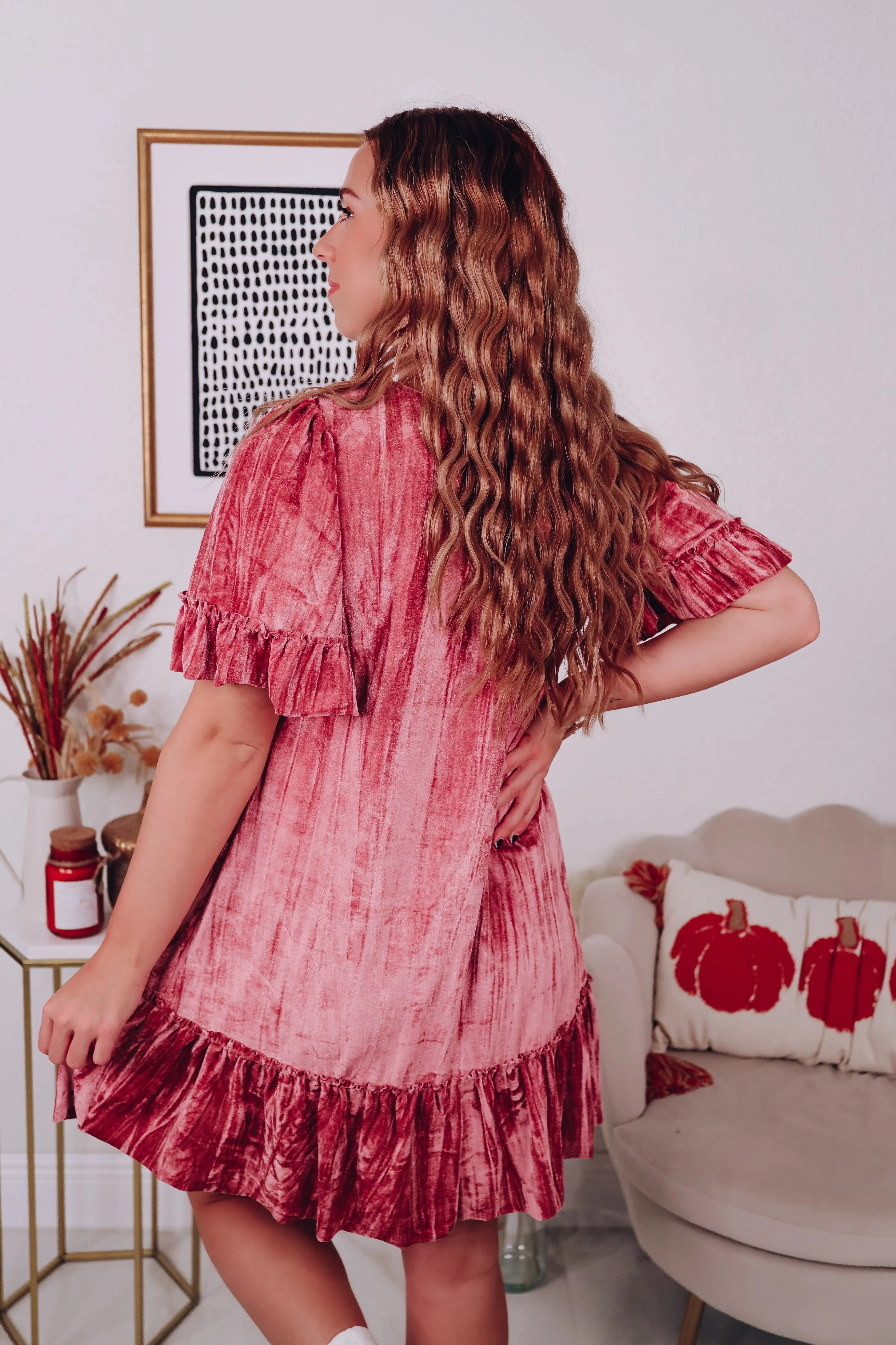 Madelyn Velvet Ruffle Dress - Mauve