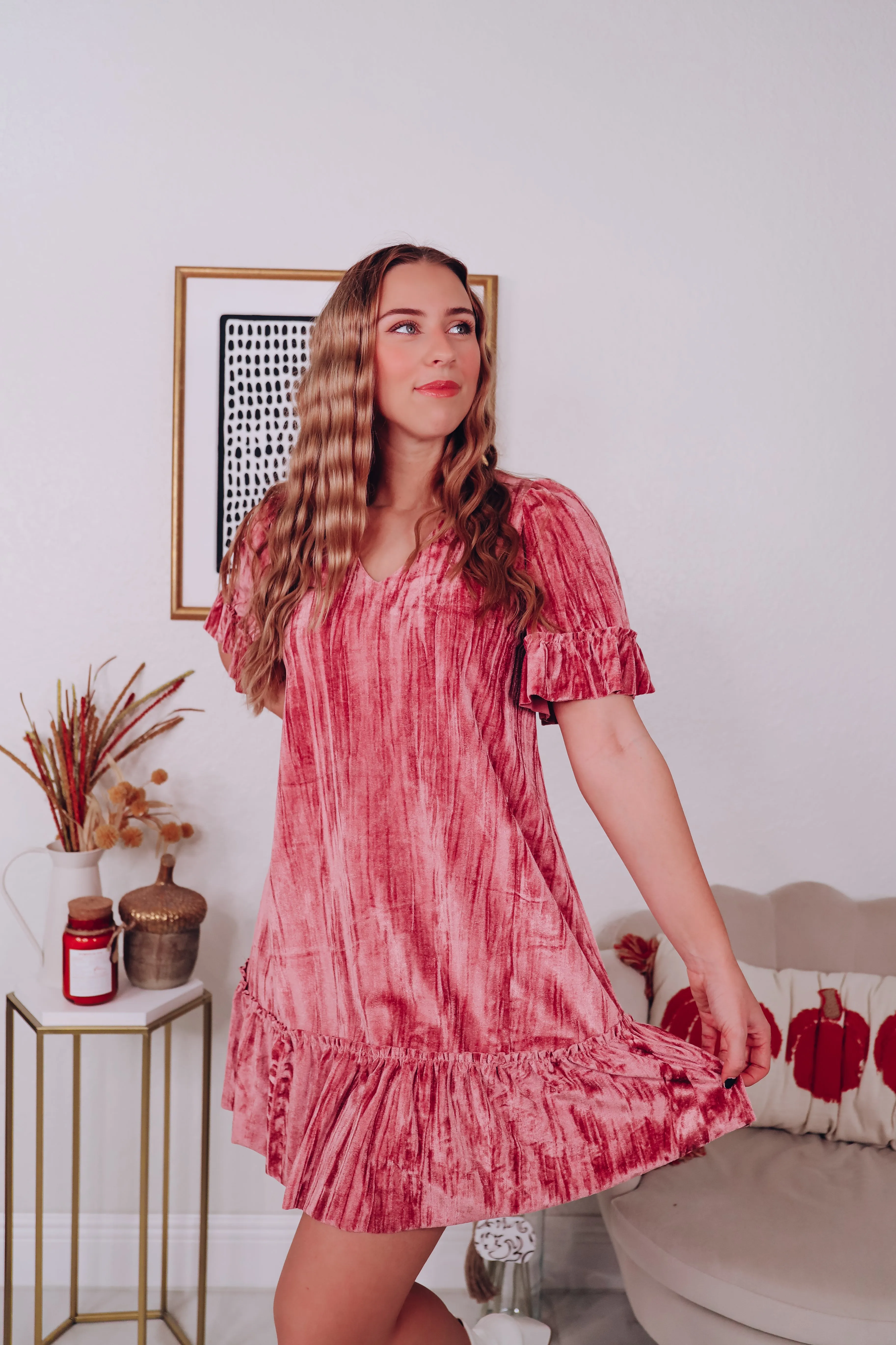 Madelyn Velvet Ruffle Dress - Mauve