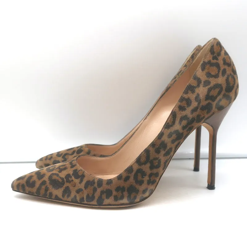 Manolo Blahnik BB 105 Pumps Leopard Print Suede Size 38 Pointed Toe Heels