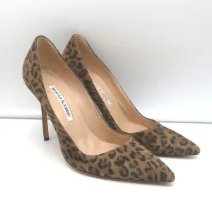 Manolo Blahnik BB 105 Pumps Leopard Print Suede Size 38 Pointed Toe Heels