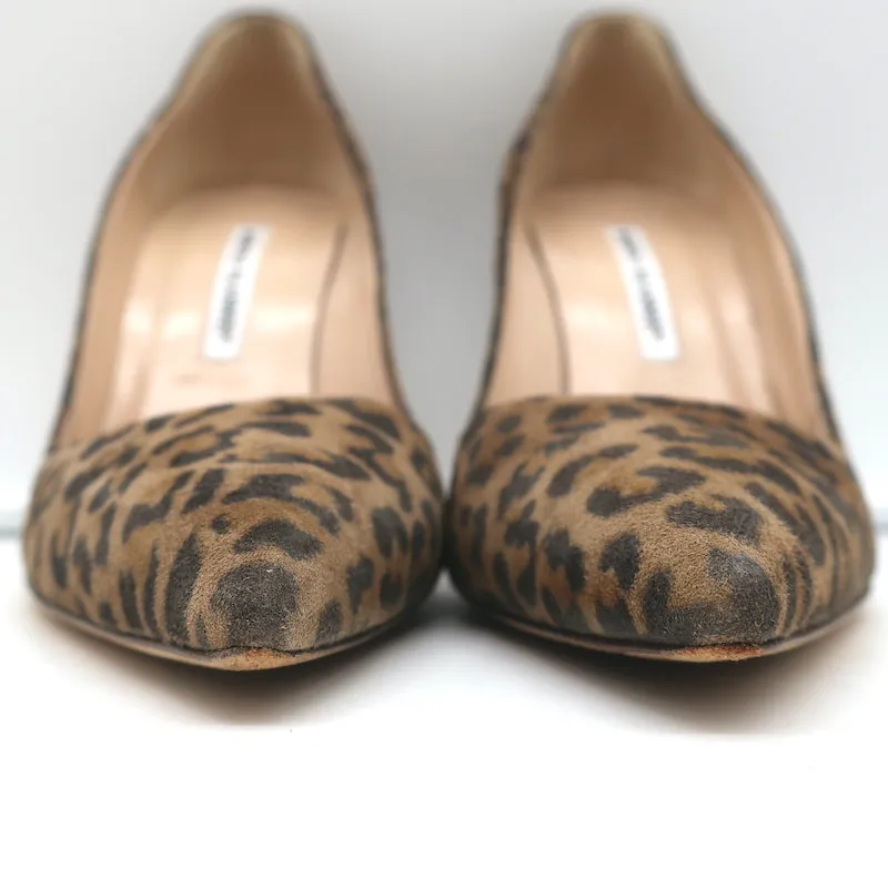 Manolo Blahnik BB 105 Pumps Leopard Print Suede Size 38 Pointed Toe Heels