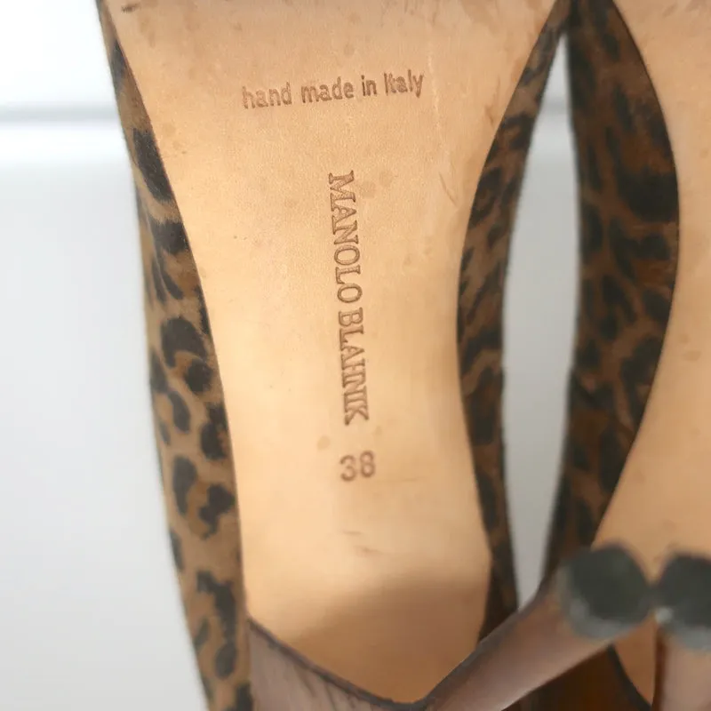 Manolo Blahnik BB 105 Pumps Leopard Print Suede Size 38 Pointed Toe Heels