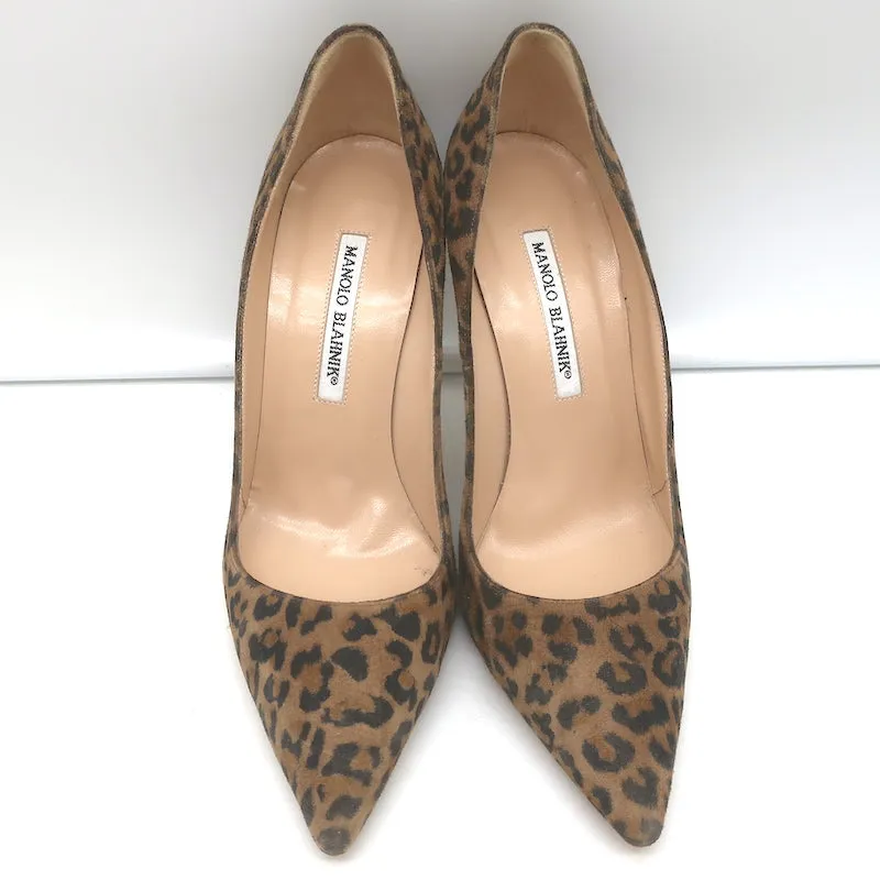 Manolo Blahnik BB 105 Pumps Leopard Print Suede Size 38 Pointed Toe Heels