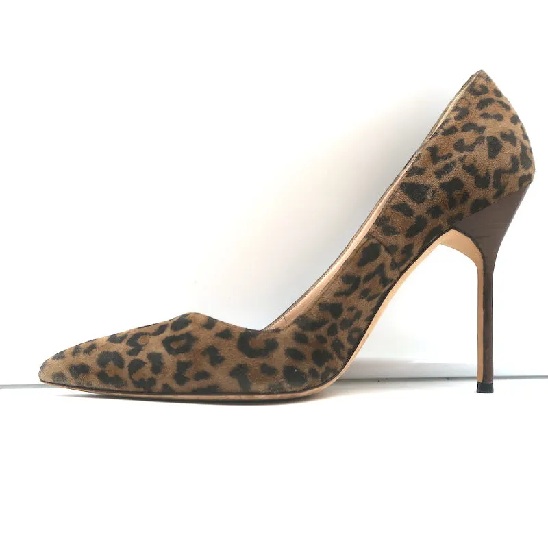 Manolo Blahnik BB 105 Pumps Leopard Print Suede Size 38 Pointed Toe Heels