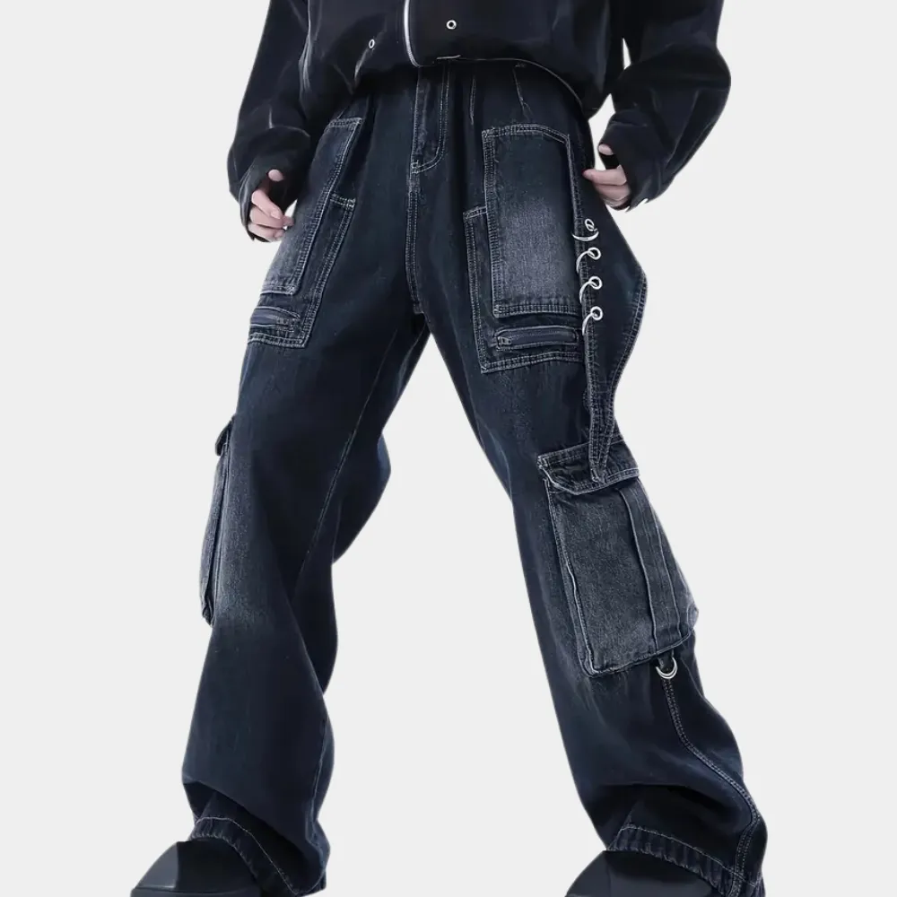 Men's cargo pants durable dark blue denim trousers - versatile casual wear