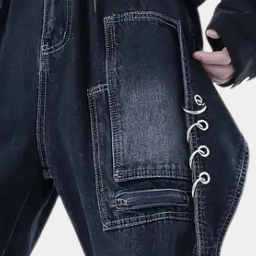 Men's cargo pants durable dark blue denim trousers - versatile casual wear