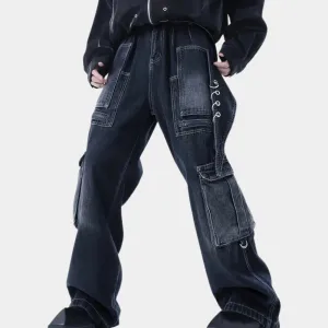 Men's cargo pants durable dark blue denim trousers - versatile casual wear