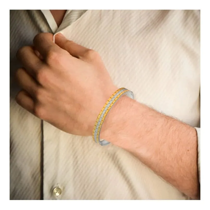 Men's Stainless Steel Gold Rhodium Plated Free Size Kada Bracelet - Stylish and Adjustable Accessory