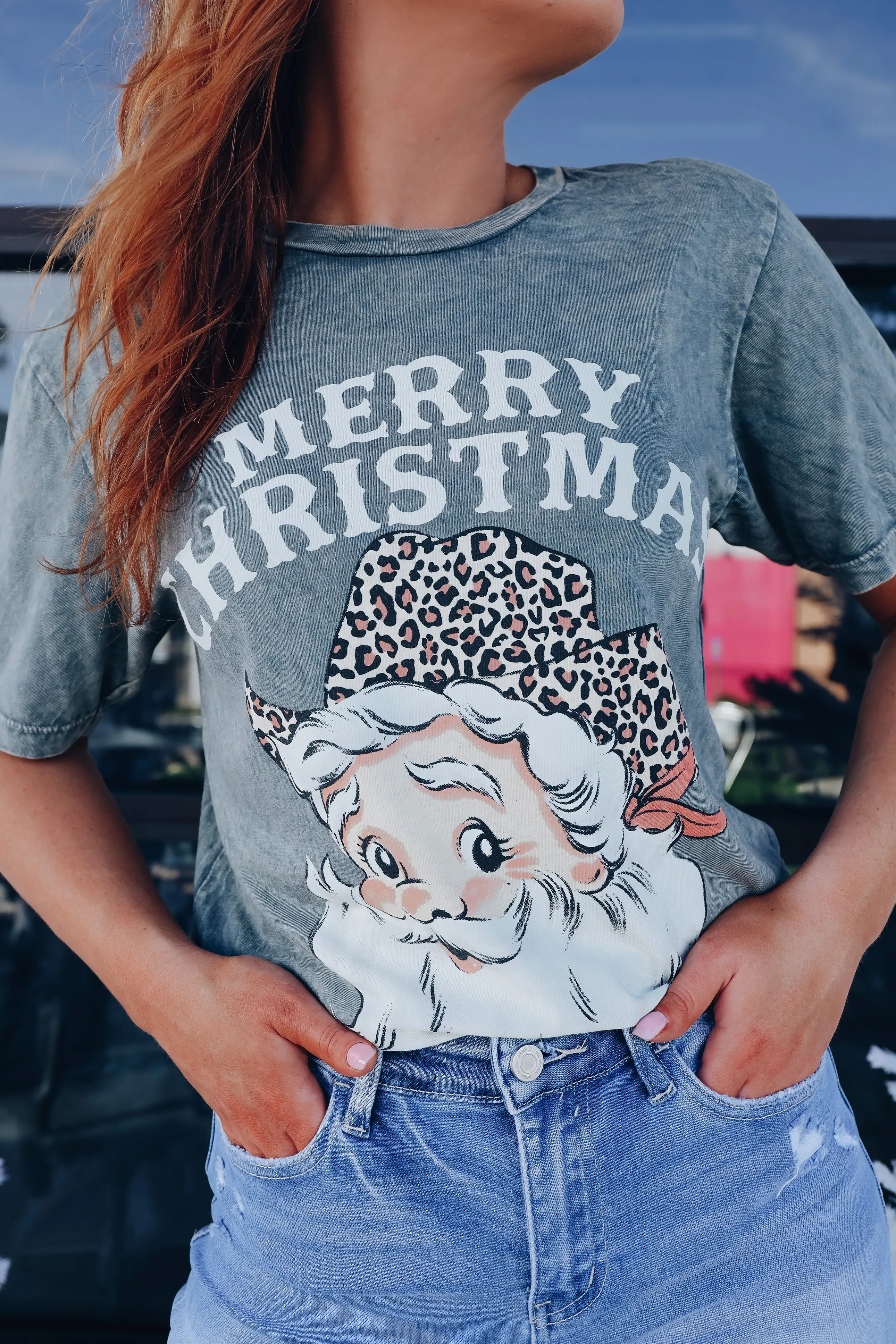 Merry Christmas Ya'll Mineral Wash Graphic Tee - Stone Grey