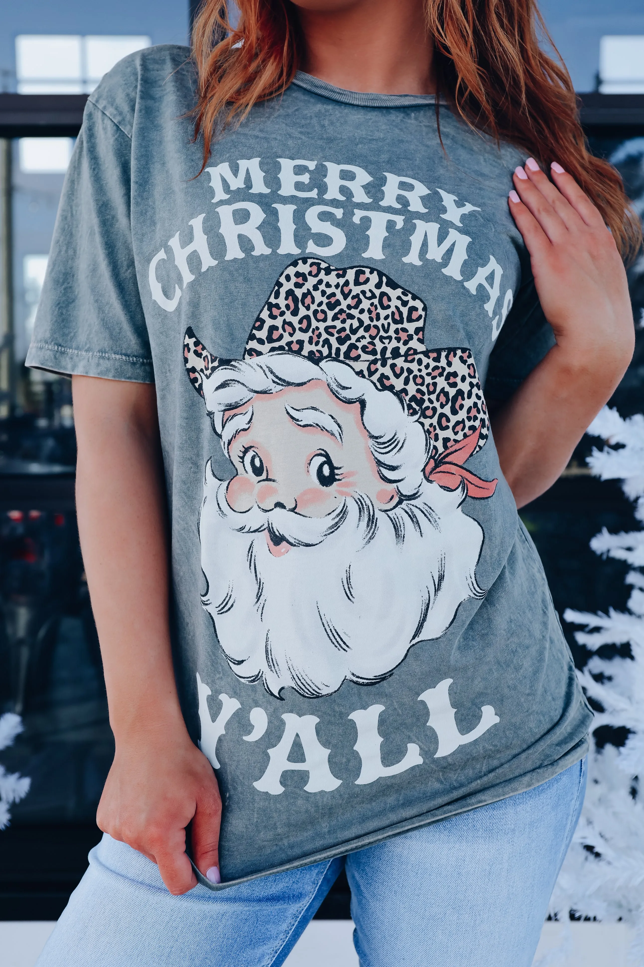 Merry Christmas Ya'll Mineral Wash Graphic Tee - Stone Grey