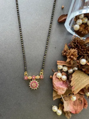 Modern Stylish Short Mangalsutra Designs American Diamond Fancy Flower Pendant Black Beads Chain