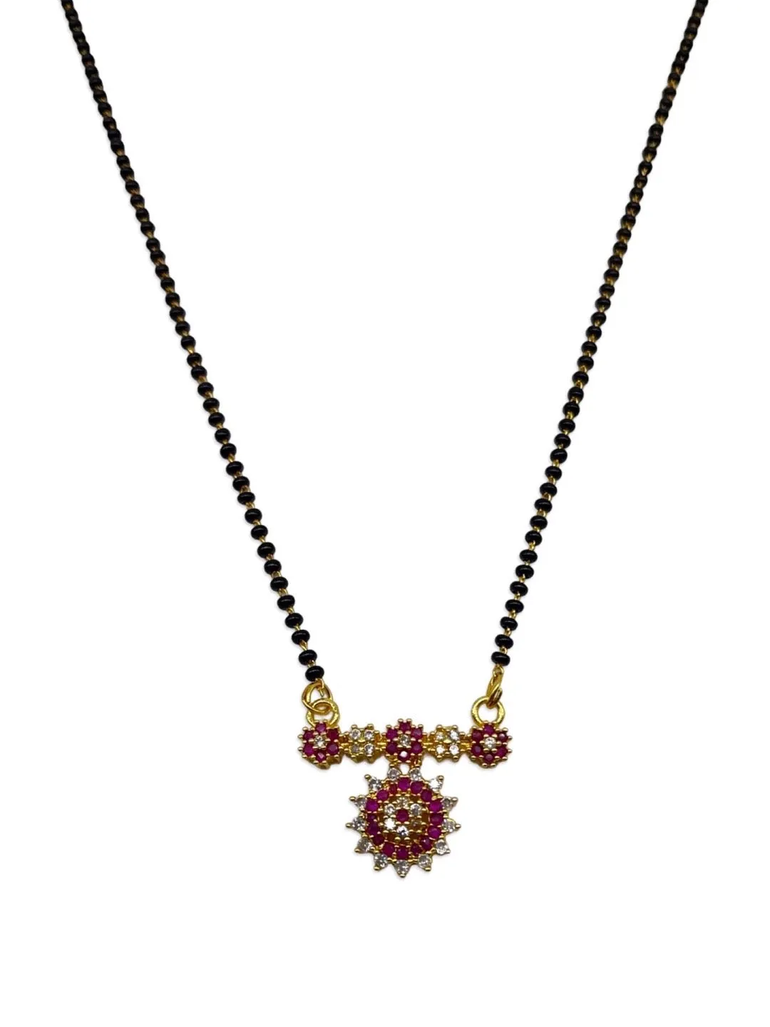 Modern Stylish Short Mangalsutra Designs American Diamond Fancy Flower Pendant Black Beads Chain