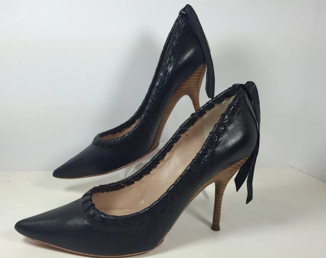 NINA RICCI Whip Stitch Pumps with Heel Tie Black Leather Pumps Size 39 1/2