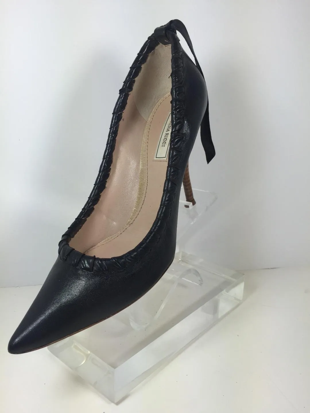 NINA RICCI Whip Stitch Pumps with Heel Tie Black Leather Pumps Size 39 1/2