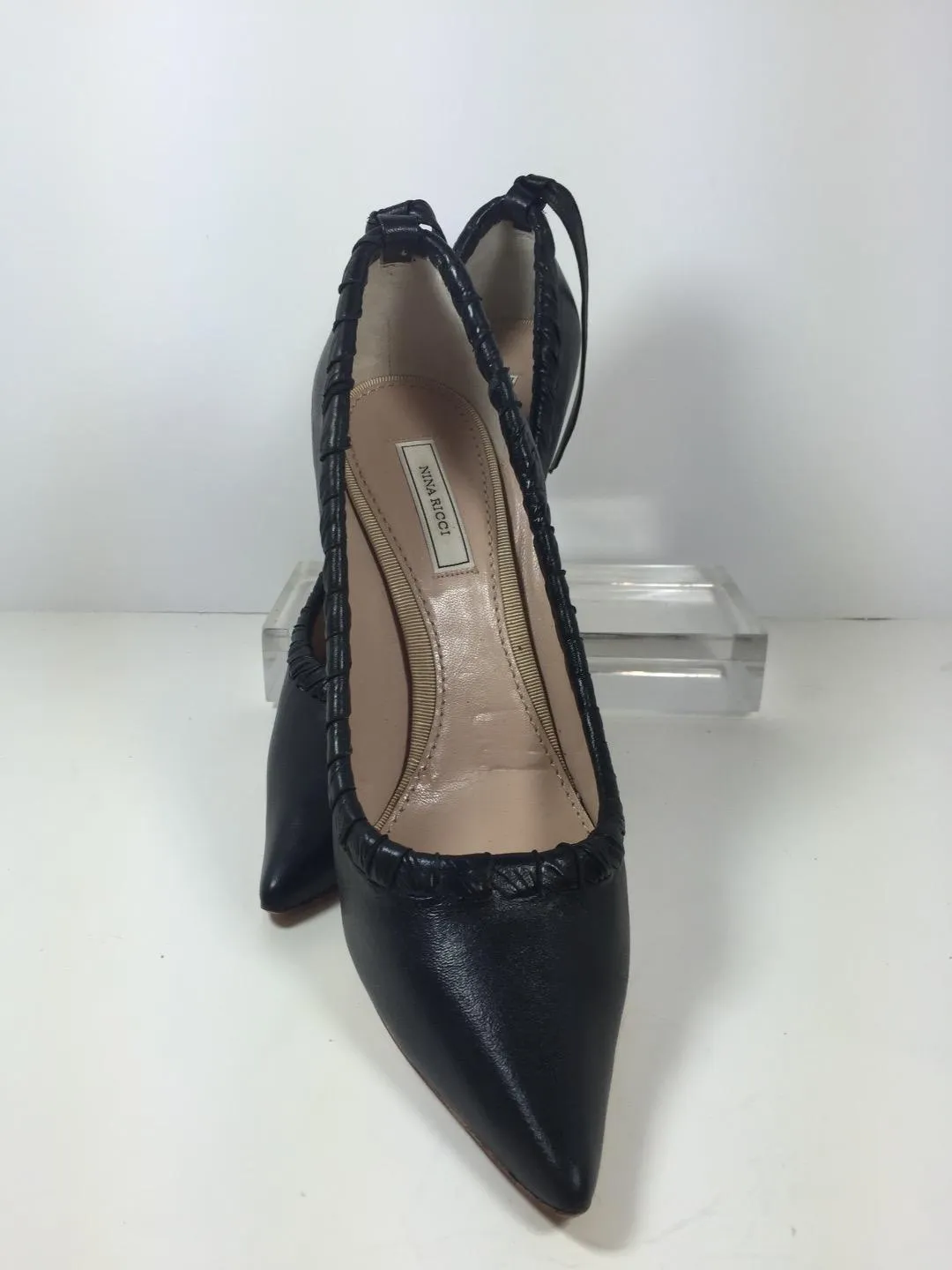 NINA RICCI Whip Stitch Pumps with Heel Tie Black Leather Pumps Size 39 1/2