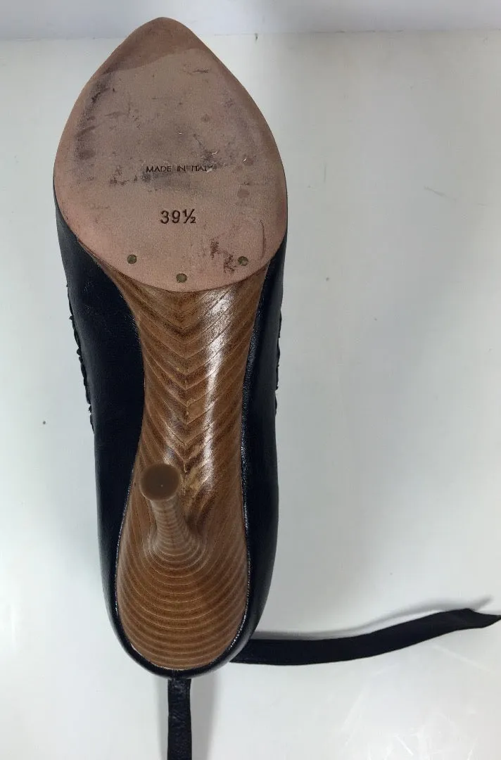 NINA RICCI Whip Stitch Pumps with Heel Tie Black Leather Pumps Size 39 1/2