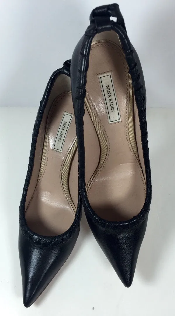 NINA RICCI Whip Stitch Pumps with Heel Tie Black Leather Pumps Size 39 1/2
