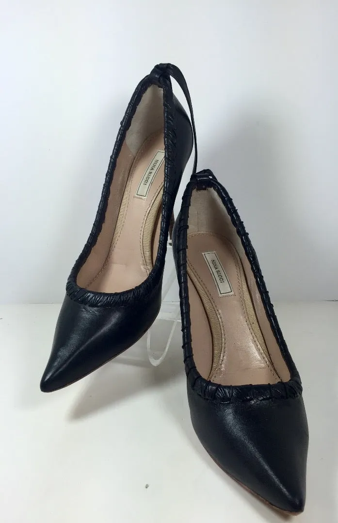 NINA RICCI Whip Stitch Pumps with Heel Tie Black Leather Pumps Size 39 1/2