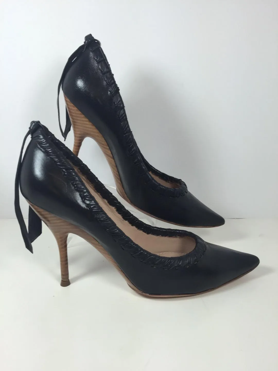 NINA RICCI Whip Stitch Pumps with Heel Tie Black Leather Pumps Size 39 1/2