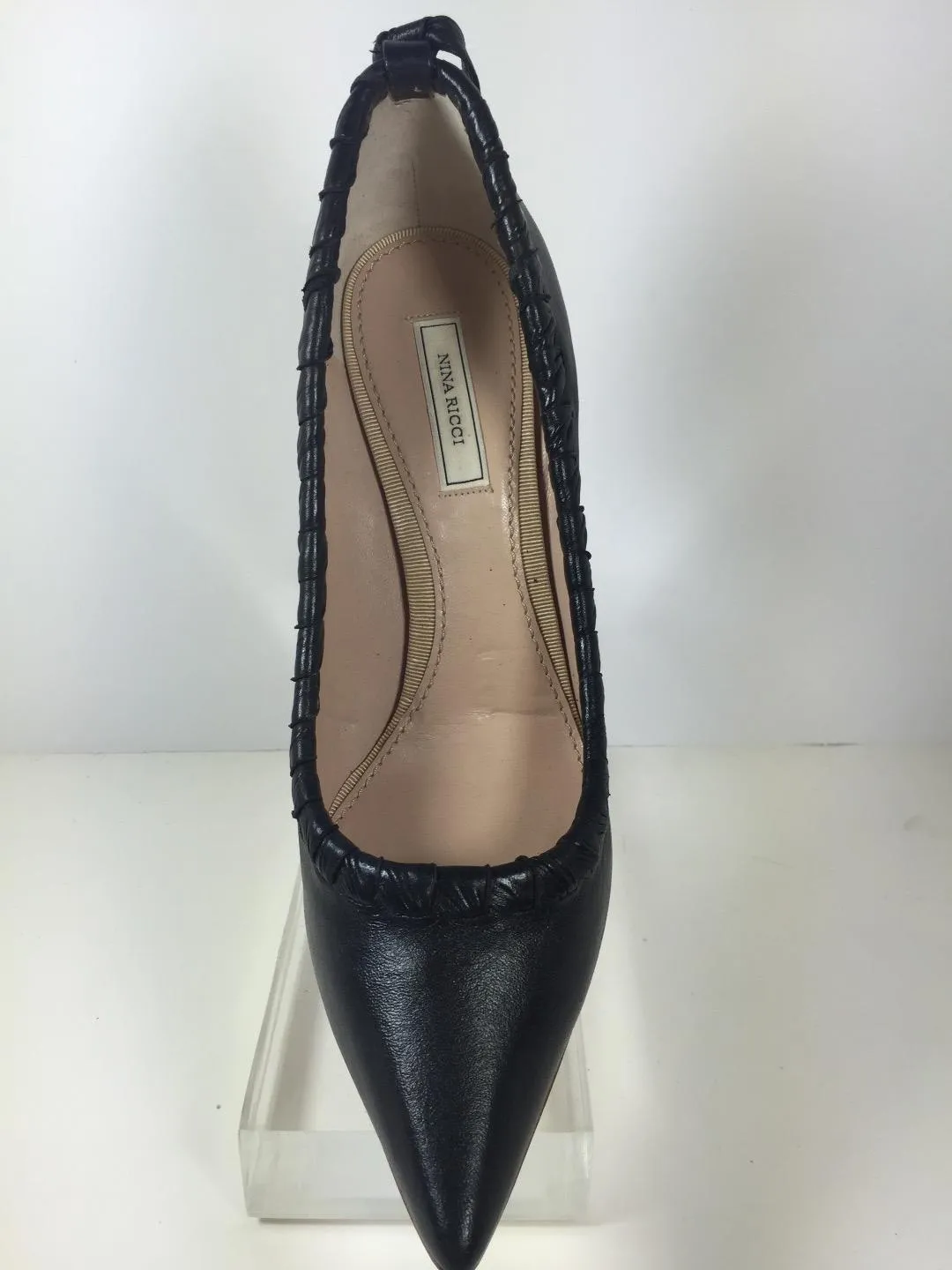 NINA RICCI Whip Stitch Pumps with Heel Tie Black Leather Pumps Size 39 1/2