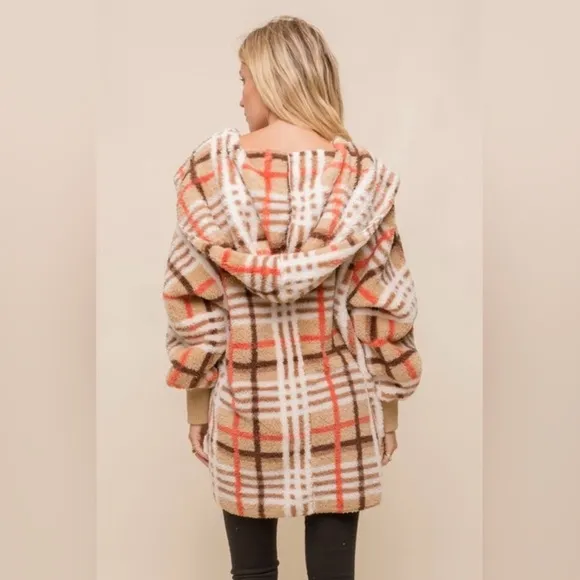 NWT Hen &amp; Thread Orange/Tan Plaid Hooded Cardigan One Size
