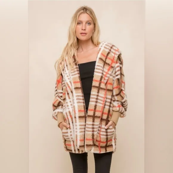 NWT Hen &amp; Thread Orange/Tan Plaid Hooded Cardigan One Size