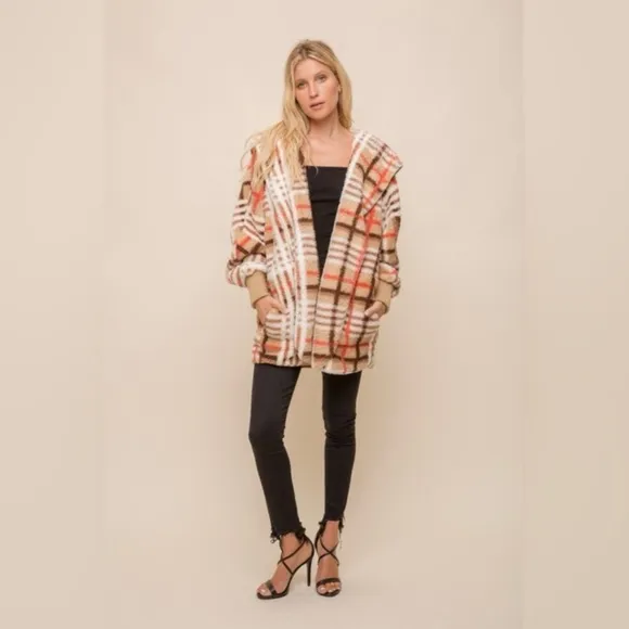 NWT Hen &amp; Thread Orange/Tan Plaid Hooded Cardigan One Size