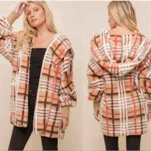 NWT Hen &amp; Thread Orange/Tan Plaid Hooded Cardigan One Size