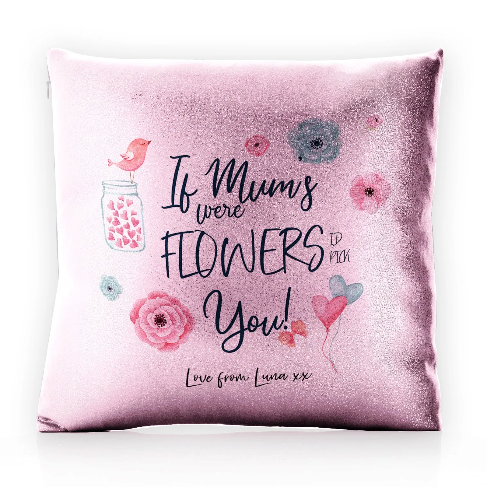 Personalised Glitter Cushion with Stylish Text and Flowers Love Message