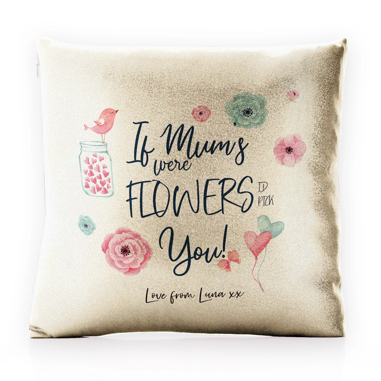 Personalised Glitter Cushion with Stylish Text and Flowers Love Message